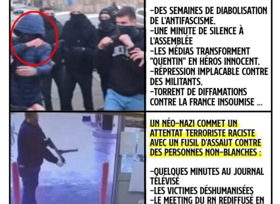 En haut Quentin Deranque, néo-nazi mort dans une bagarre qu'il a lui-même démarré. En bas le terroriste de Trappes tire sur une de ses victimes à l'arme automatique.