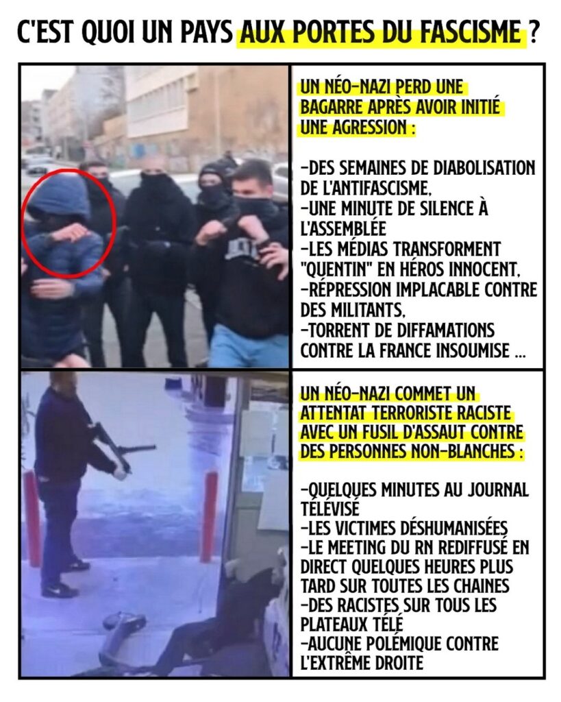 En haut Quentin Deranque, néo-nazi mort dans une bagarre qu'il a lui-même démarré.
En bas le terroriste de Trappes tire sur une de ses victimes à l'arme automatique.