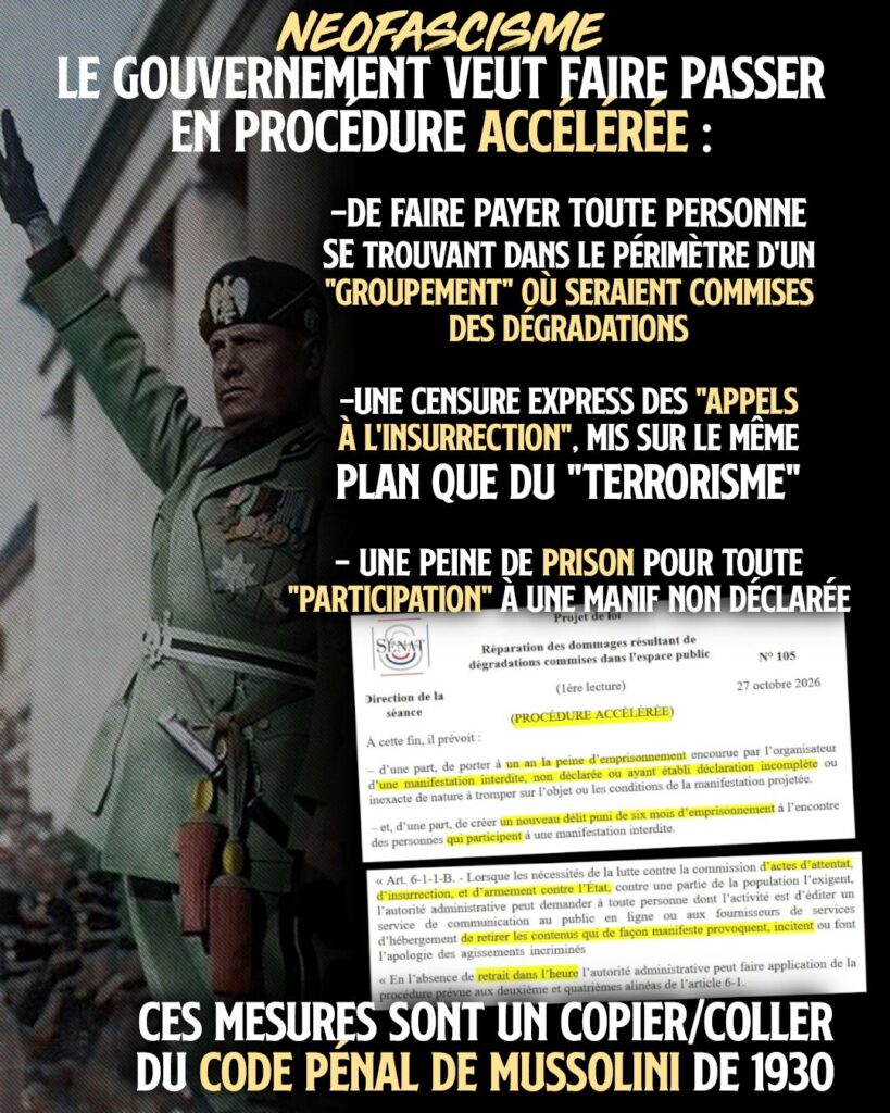 Benito Mussolini exécutant un salut fasciste : l'inspiration directe de la loi «casseur-payeur» que les macronistes veulent imposer en France comme réponse au soulèvement.