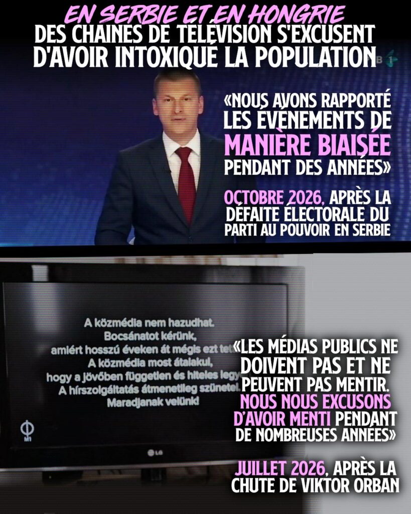 En direct, à l'antenne et en plateau, les excuses à la population des grands médias publics en Serbie et Hongrie ont de quoi faire rêver.