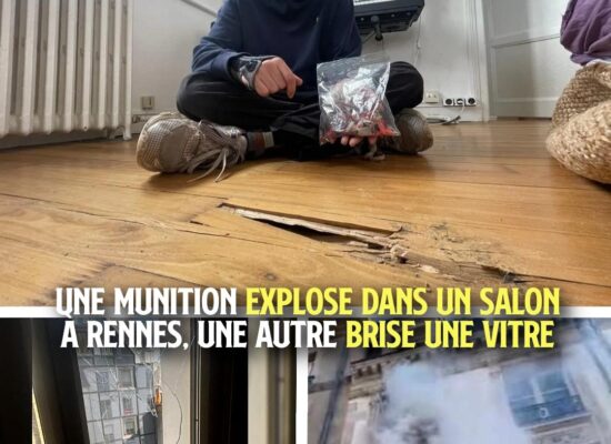 En haut, un habitant de Rennes face à son parquet explosé par une grenade GM2L. En bas la fenêtre cassée d'un appartement de Nancy qui a été noyé dans le gaz lacrymogène.