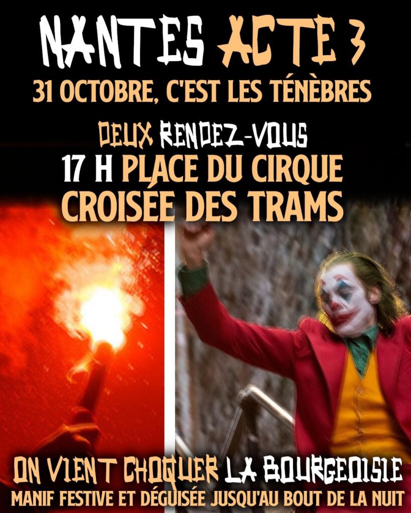 Un fumigène et le personnage du Joker : l'alliance d'Halloween et de la révolte pour faire trembler le pouvoir ce 31 octobre.