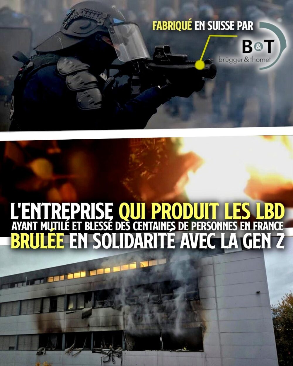 Un policier français visant avec son LBD40, une arme de guerre fabriquée en Suisse par Brügger & Thomet, dont le siège vient d'être incendié.