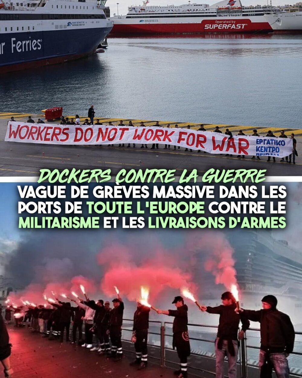 Des dockers en grève bloquent des ports dans le monde entier contre la guerre et le militarisme.