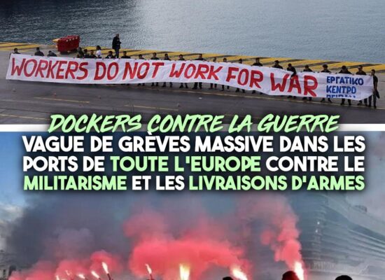Des dockers en grève bloquent des ports dans le monde entier contre la guerre et le militarisme.