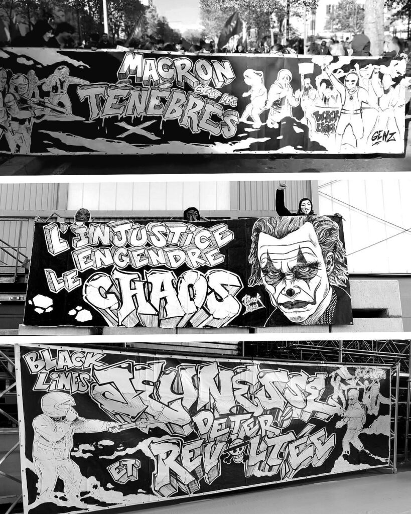 «Macron c'est les ténèbres», une référence au Joker et une belle scène de révolte en hommage à la Gen Z : les trois banderoles d'Halloween de la part de Black Lines à Paris pour l'acte 3 du mouvement